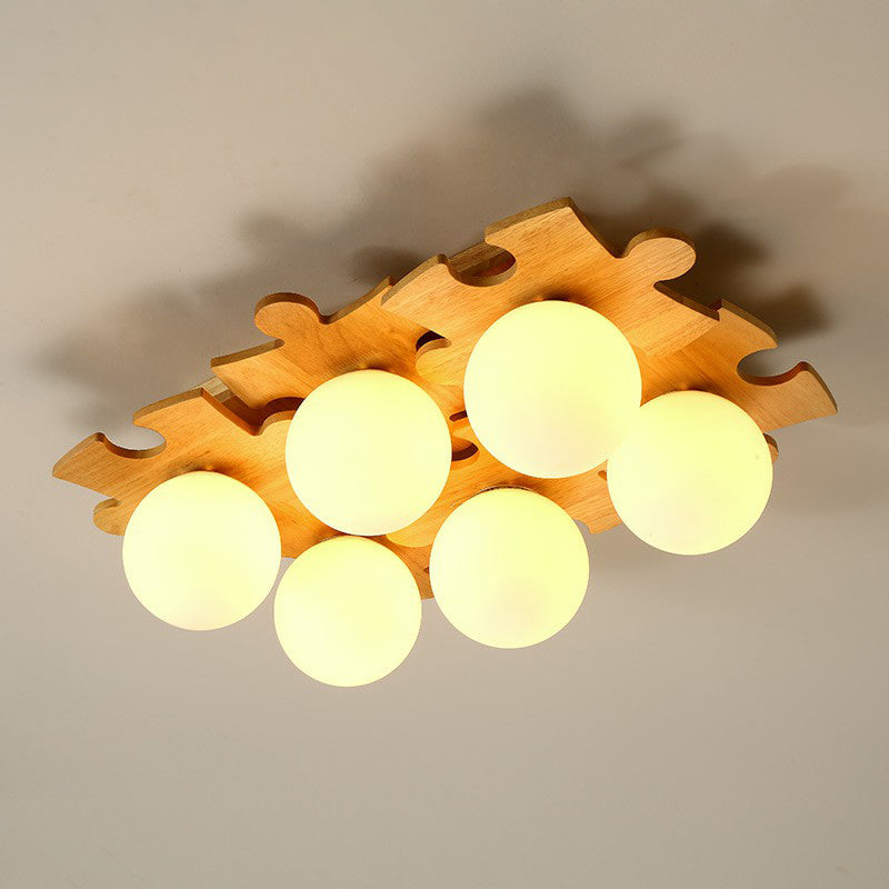 Modern Wood Puzzle Design Semi Flush Ceiling Light with White Glass Ball