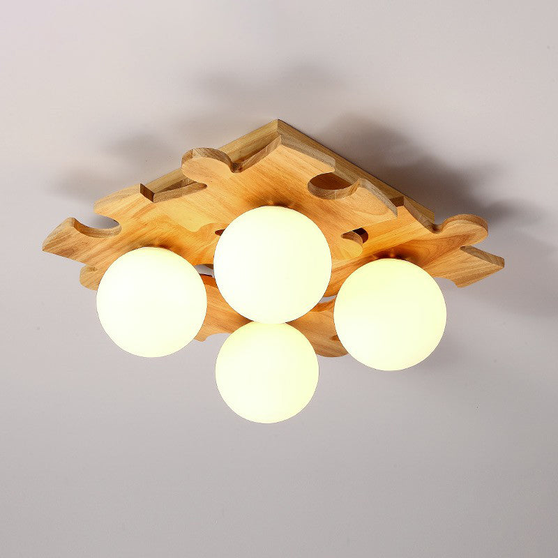 Modern Wood Puzzle Design Semi Flush Ceiling Light with White Glass Ball
