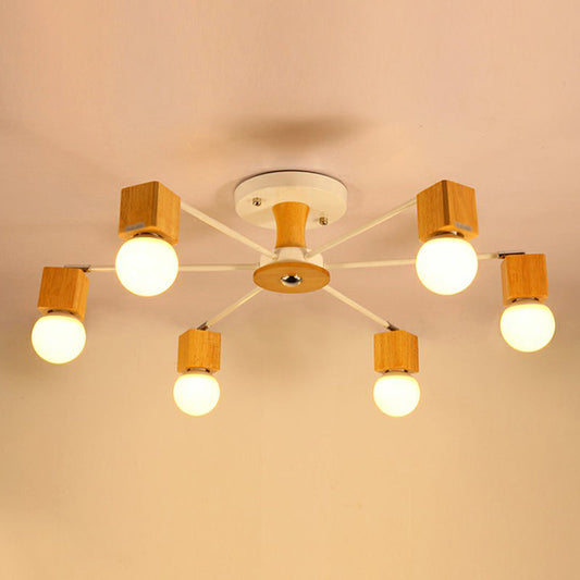 Nordic White and Beige Wooden Cube Semi Mount Flush Light with Open Bulb Design