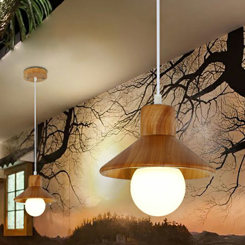 Nordic Wooden Cone-Shaped Restaurant Pendant Lamp In Beige-White Wood
