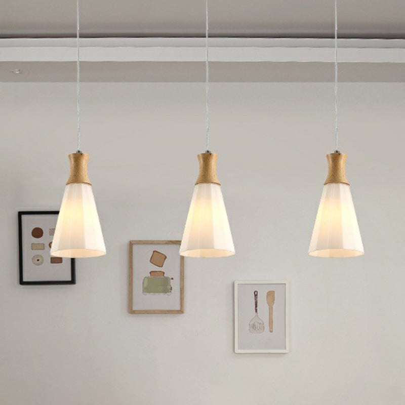 Nordic Opal Frosted Glass Conical Ceiling Light With Wood Accents - 3-Bulb Pendant For Dining Room /