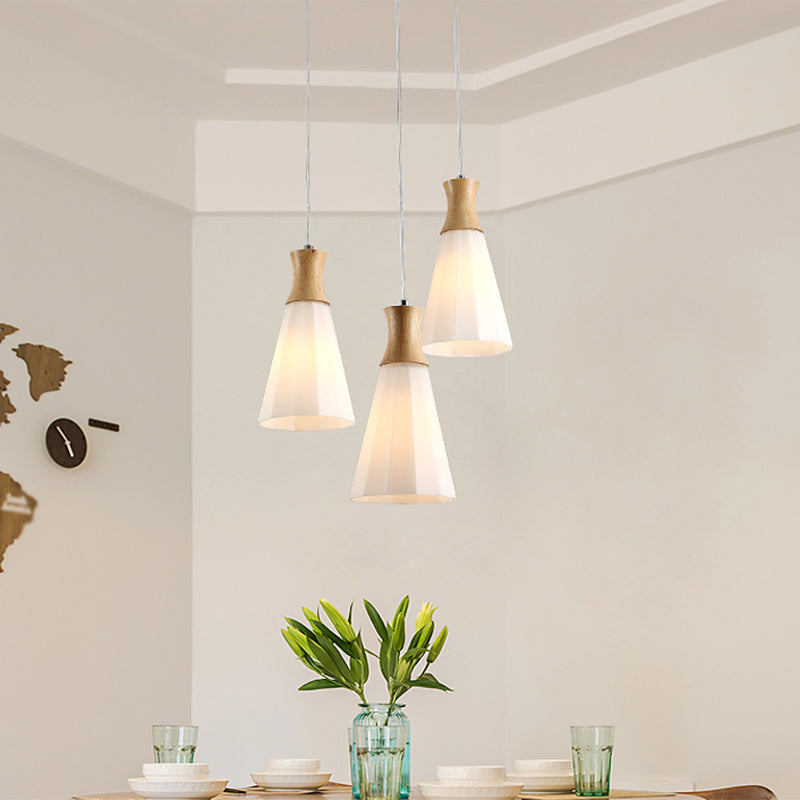 Nordic Opal Frosted Glass Conical Ceiling Light With Wood Accents - 3-Bulb Pendant For Dining Room