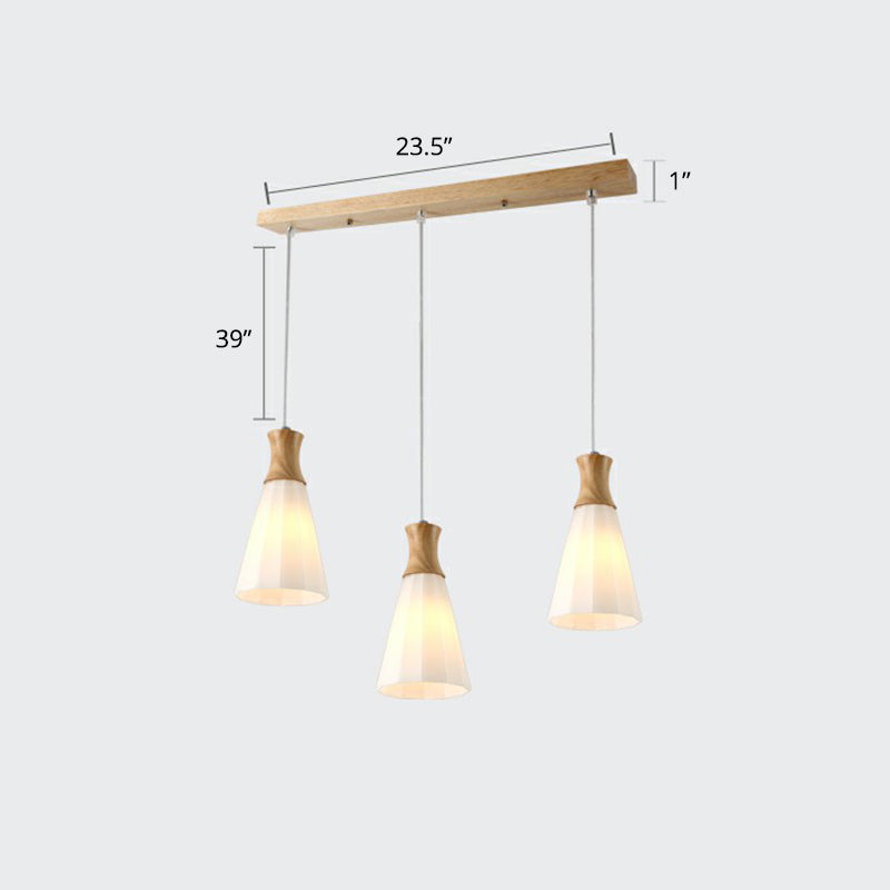 Nordic Opal Frosted Glass Conical Ceiling Light With Wood Accents - 3-Bulb Pendant For Dining Room
