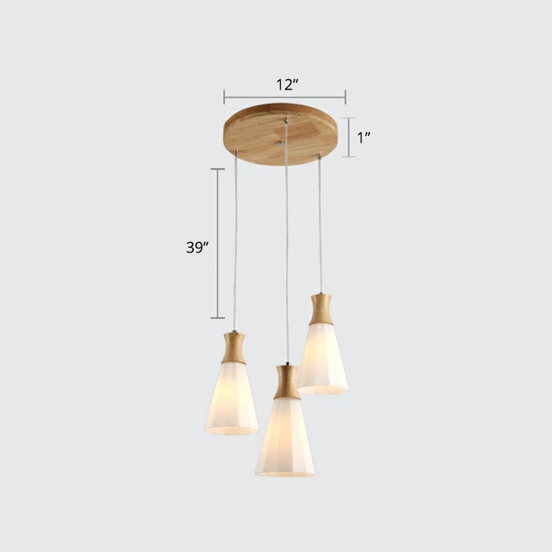 Plafonnier conique à 3 ampoules en verre givré opale nordique avec accents en bois - Idéal pour les salles à manger