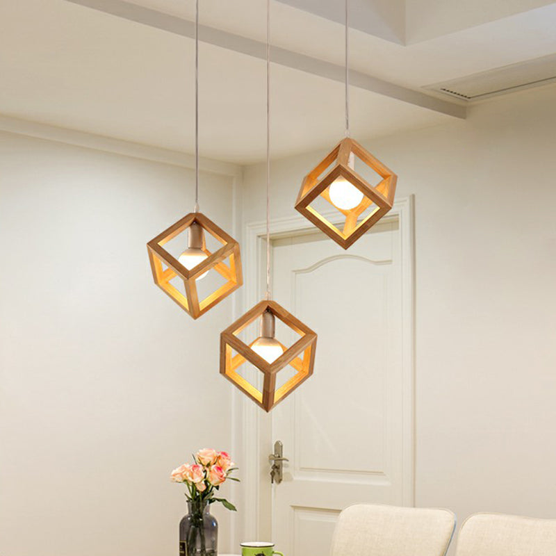 Contemporary Wood Cube Pendant Light - 3-Head Suspension for Dining Room