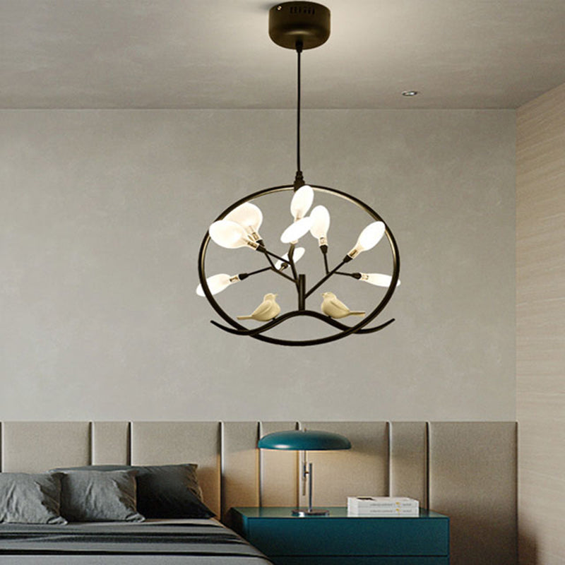 Nordic Acrylic Branch 9-Light Chandelier With Bird And Ring Decoration Black