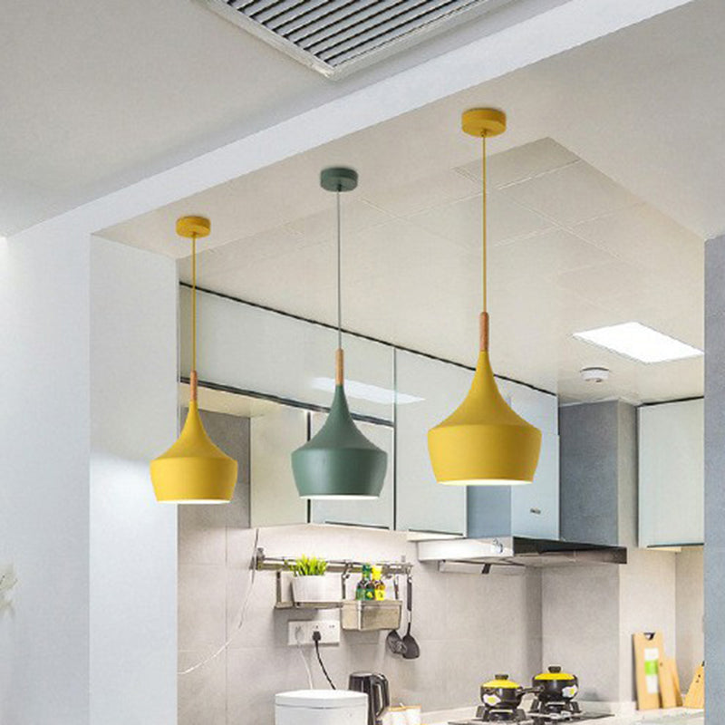 Tapered Shade Macaron Hanging Lamp: Elegant Bedside Pendant With Wooden Top Yellow / Oval