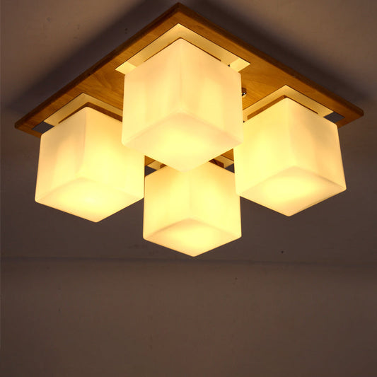 Modern Nordic Opal Glass Cube Semi Flush Ceiling Light with 4-Lights - Wood Bedroom Flush Mount Lamp