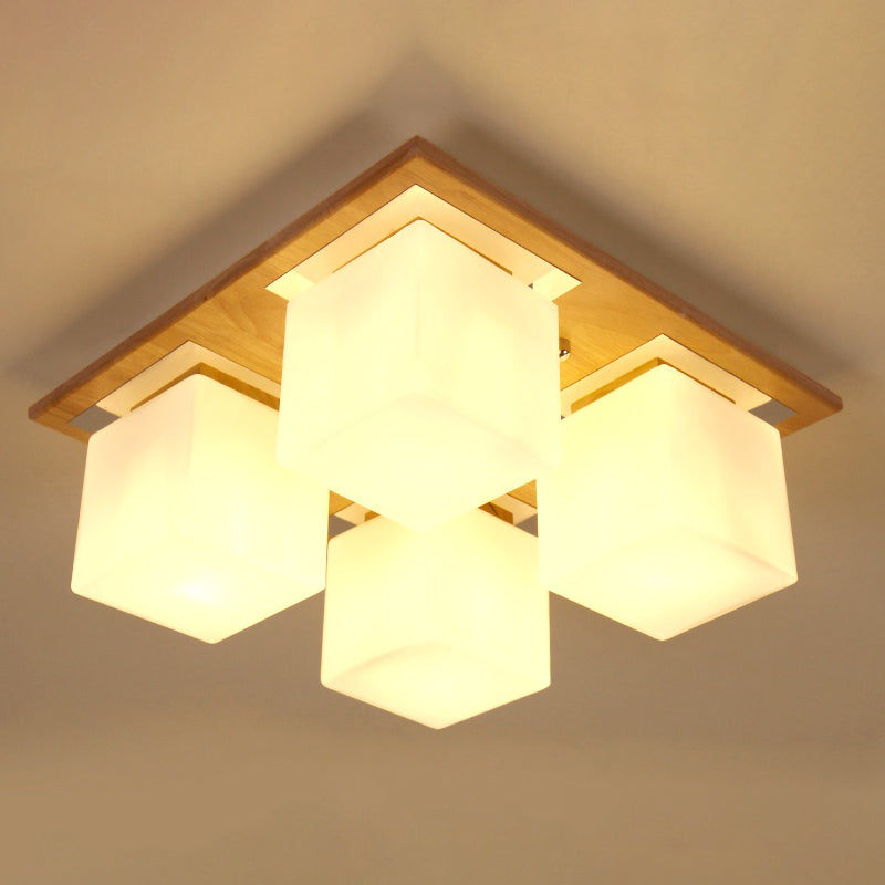 Modern Nordic Opal Glass Cube Semi Flush Ceiling Light with 4-Lights - Wood Bedroom Flush Mount Lamp
