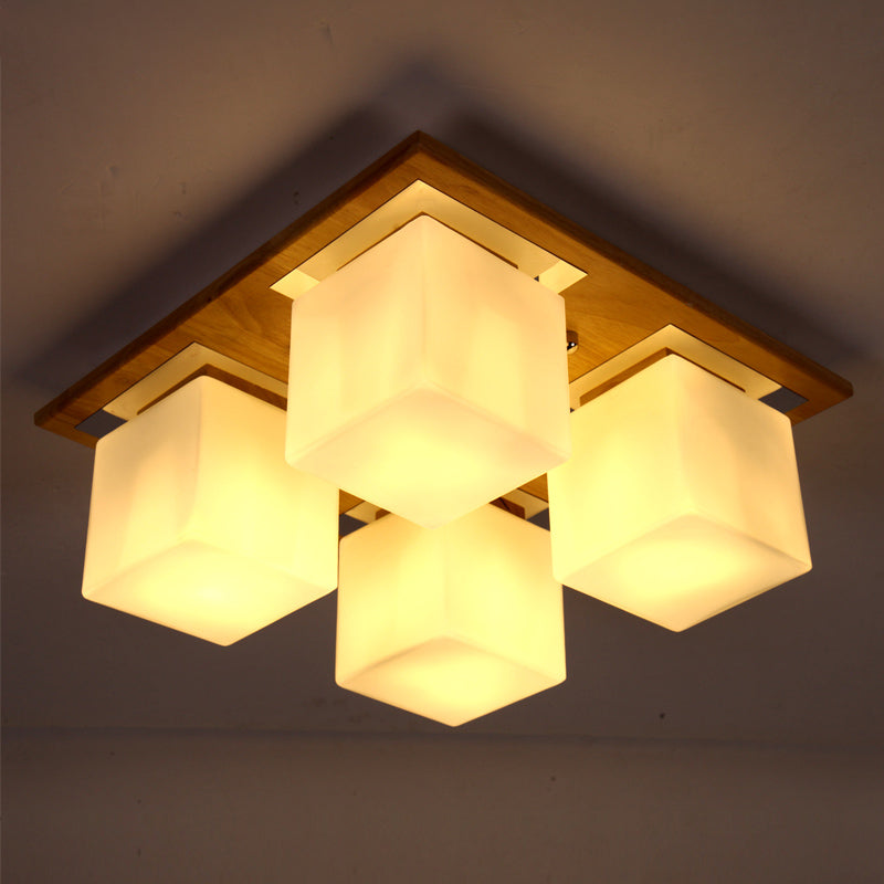 Modern Nordic Opal Glass Cube Semi Flush Ceiling Light with 4-Lights - Wood Bedroom Flush Mount Lamp
