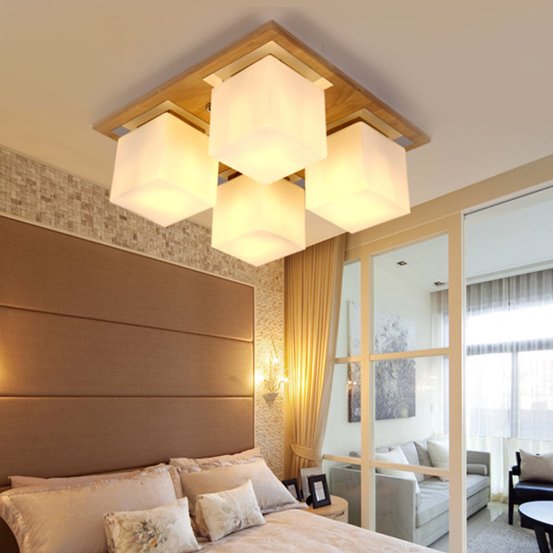 Modern Nordic Opal Glass Cube Semi Flush Ceiling Light with 4-Lights - Wood Bedroom Flush Mount Lamp
