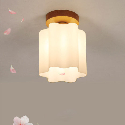 Minimalistic Milky Glass Prism Floral Ceiling Flush Light with Wood Flushmount Design - Ideal for Corridor, 1 Bulb