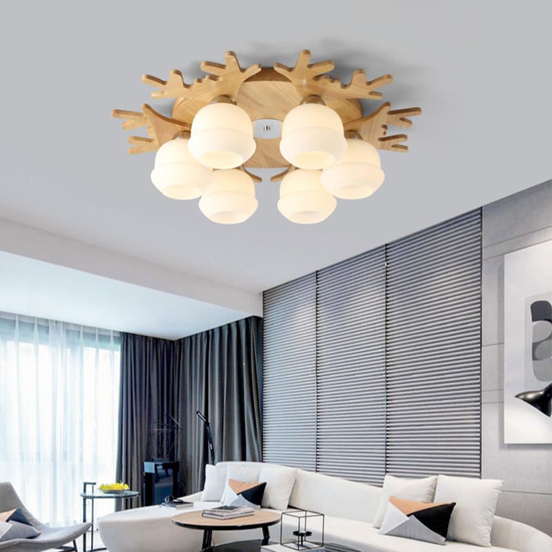 Nordic Wood Flush Mount Ceiling Light with Opal Glass & Antler Decor