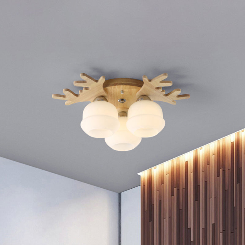 Nordic Wood Flush Mount Ceiling Light with Opal Glass & Antler Decor