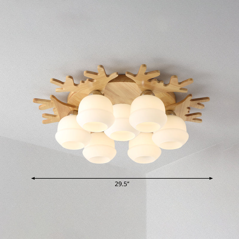 Nordic Wood Flush Mount Ceiling Light with Opal Glass & Antler Decor