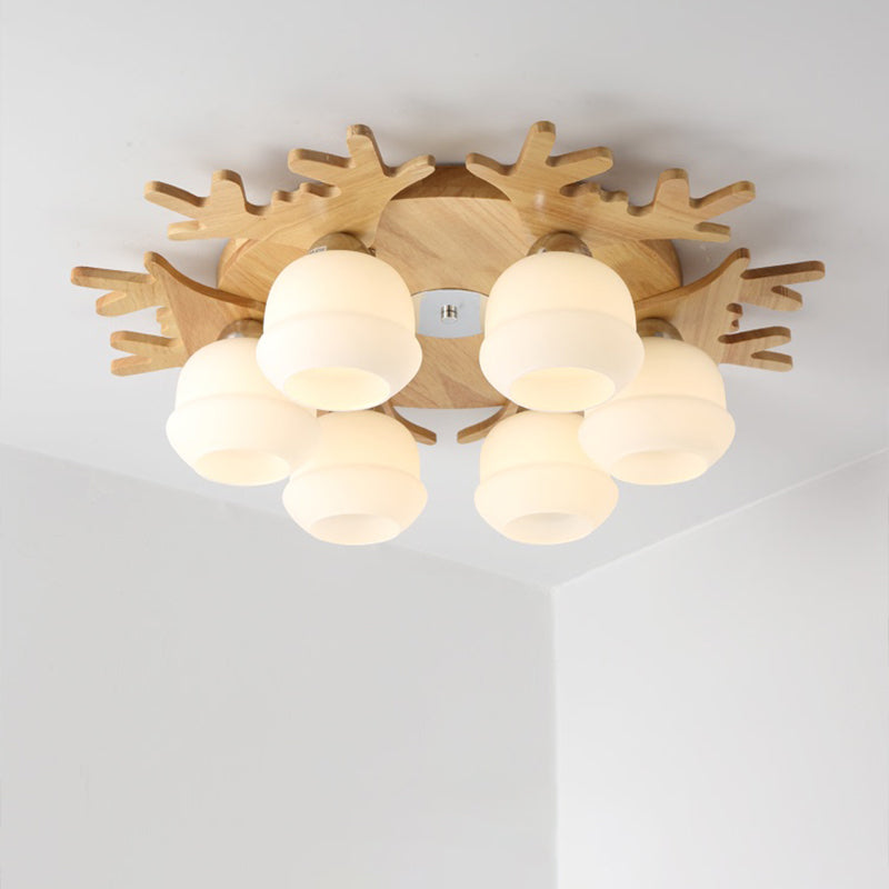 Nordic Wood Flush Mount Ceiling Light with Opal Glass & Antler Decor
