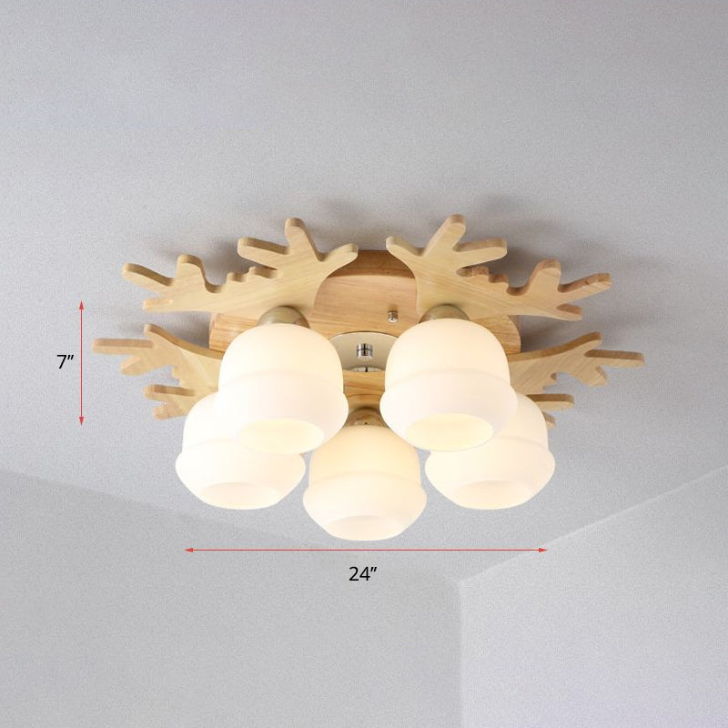 Nordic Wood Flush Mount Ceiling Light with Opal Glass & Antler Decor