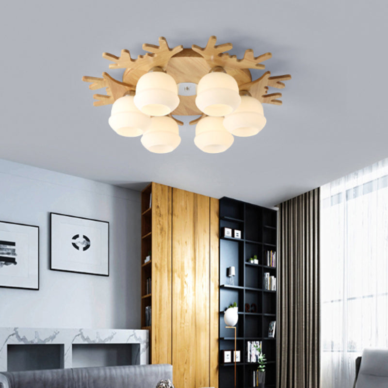 Nordic Wood Flush Mount Ceiling Light with Opal Glass & Antler Decor