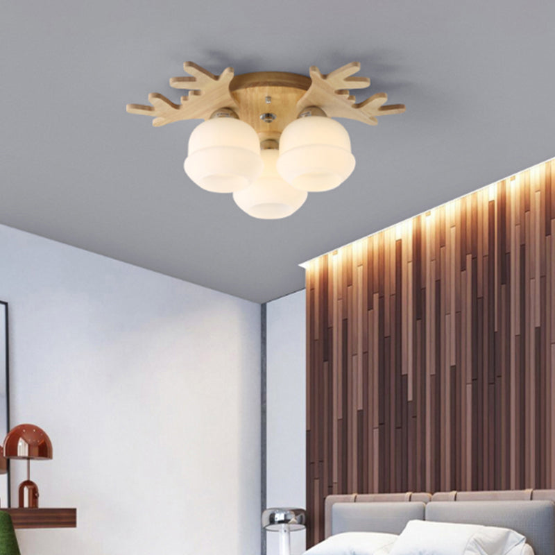 Nordic Wood Flush Mount Ceiling Light with Opal Glass & Antler Decor