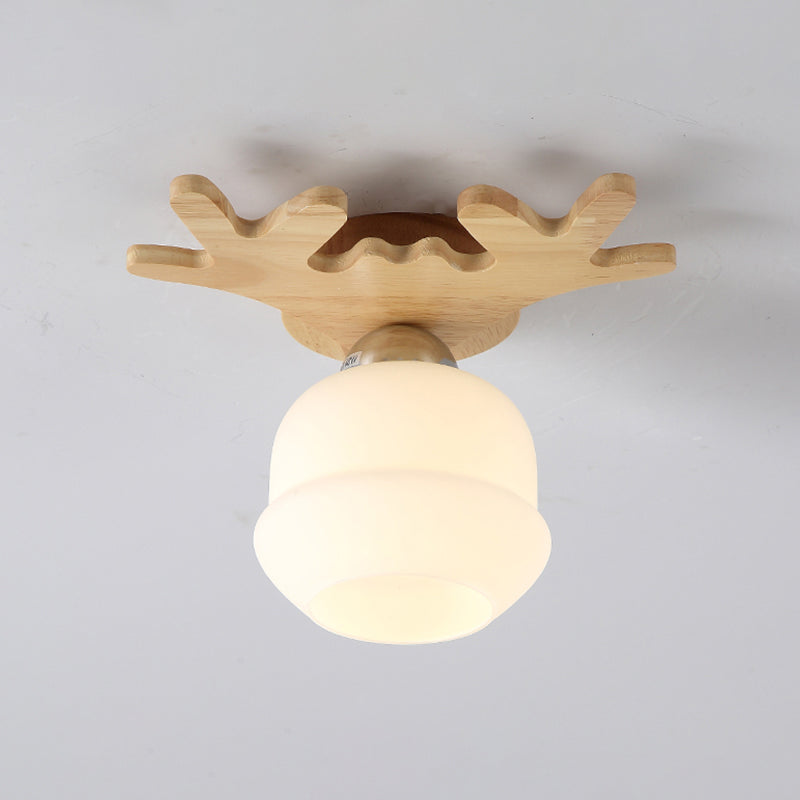 Nordic Wood Flush Mount Ceiling Light with Opal Glass & Antler Decor
