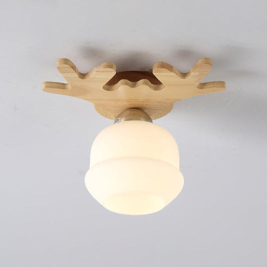 Nordic Wood Flush Mount Ceiling Light with Opal Glass & Antler Decor