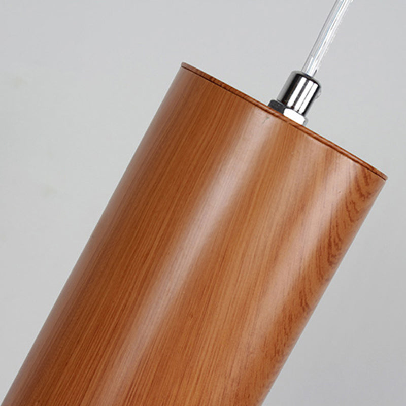 Modern Metal Brown Cylinder Ceiling Light with Wood Grain Shade - Warm/White Pendant Light for Living Room (11"/19"/27" Height)