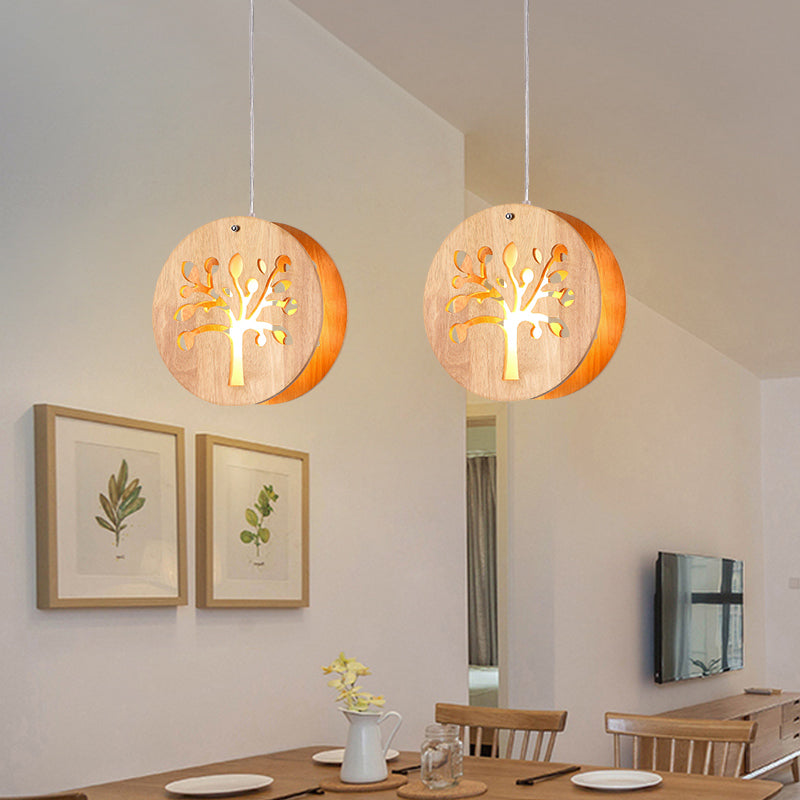 Hollowed-out Wooden Pendant Light – Minimalist 3-Bulb Beige Hanging Fixture for Dining Room