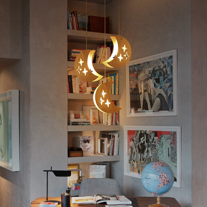 Hollowed-out Wooden Pendant Light – Minimalist 3-Bulb Beige Hanging Fixture for Dining Room