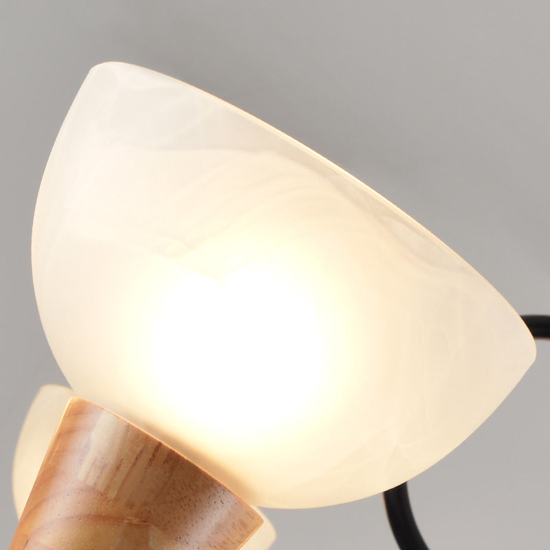 Opal Frosted Glass Bowl Chandelier with Nordic Wood and Black Ceiling Light for Bedroom