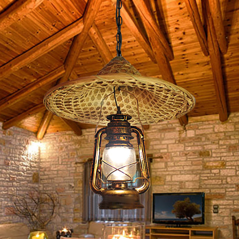 Metal Lantern Hanging Light - Country Style 12/23.5 W 1 Bulb Beige Pendant Lighting With Rattan Hat