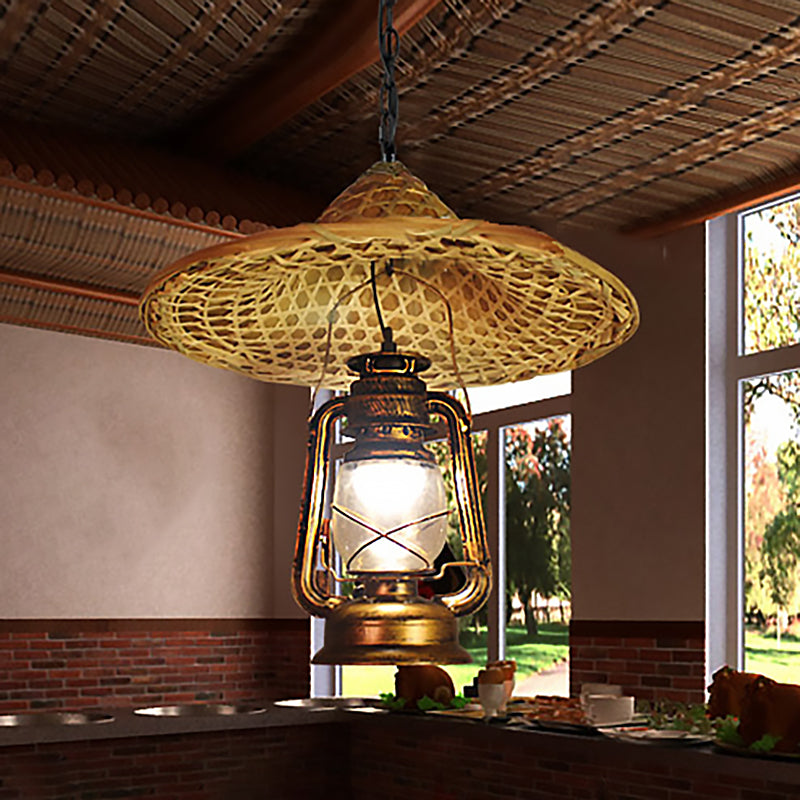 Metal Lantern Hanging Light - Country Style 12/23.5 W 1 Bulb Beige Pendant Lighting With Rattan Hat