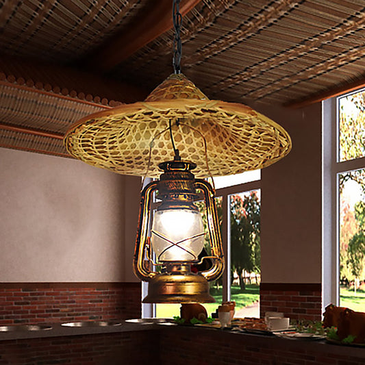 Metal Lantern Hanging Light - Country Style 12/23.5 W 1 Bulb Beige Pendant Lighting With Rattan Hat