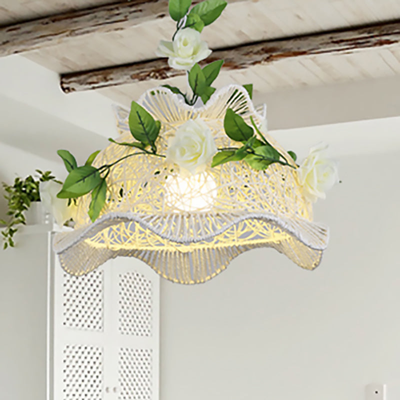 Rustic White Pendant Light With Drum/Scalloped Design - Single Hanging Lamp / 16.5