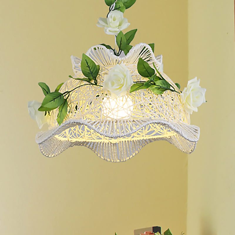 Rustic White Pendant Light With Drum/Scalloped Design - Single Hanging Lamp