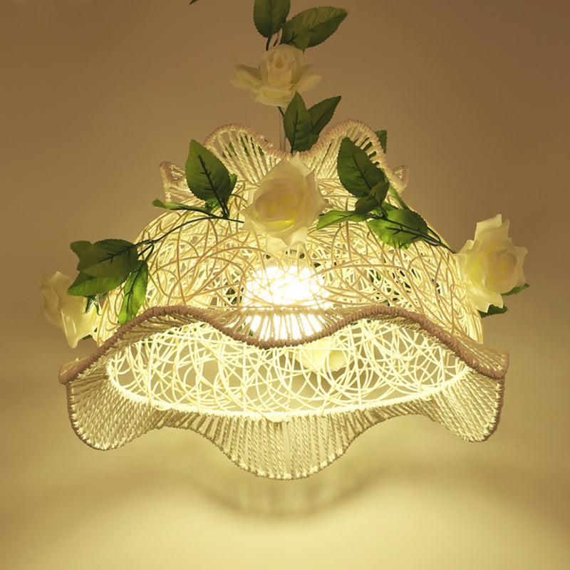 Rustic White Pendant Light With Drum/Scalloped Design - Single Hanging Lamp