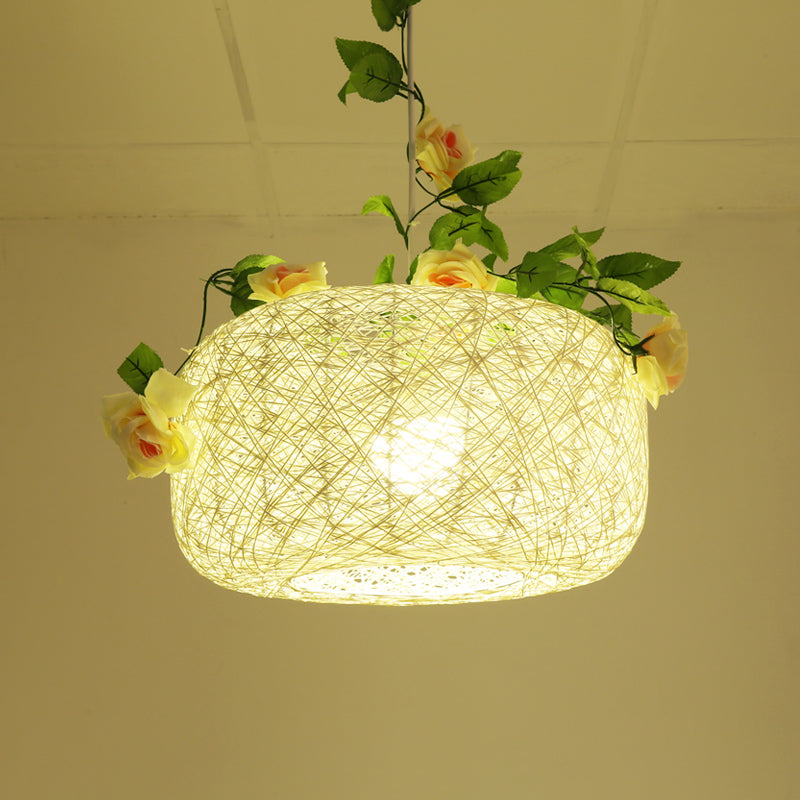 Rustic Bine Pendant Light: Single Light Drum/Scalloped Hanging Lamp in White