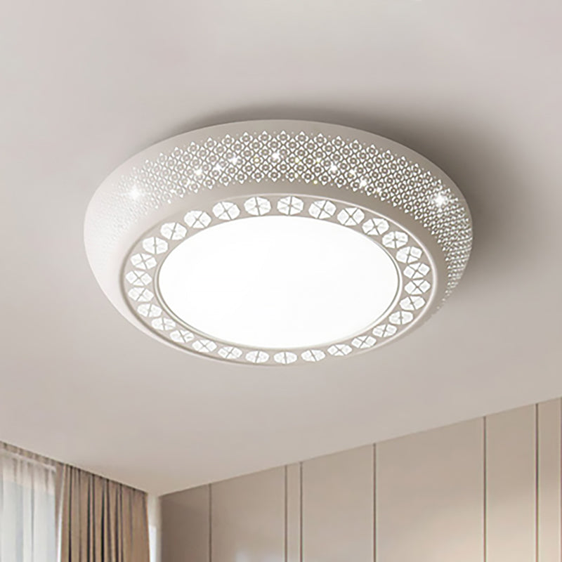 Modern Acrylic White Flush Mount Ceiling Light with Crystal Accent - 23"/42"/35" Wide Drum Shade for Bedroom & Living Room
