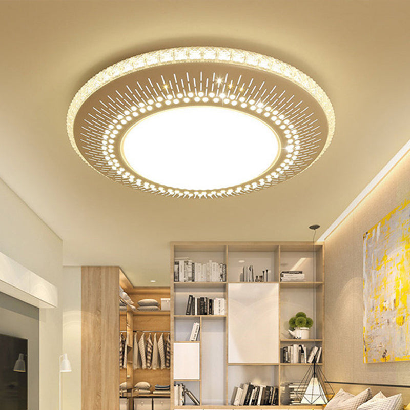 Contemporary Crystal Accent LED Ceiling Lamp - 21"/25" Round Shade - Flush Mount Fixture - White Light