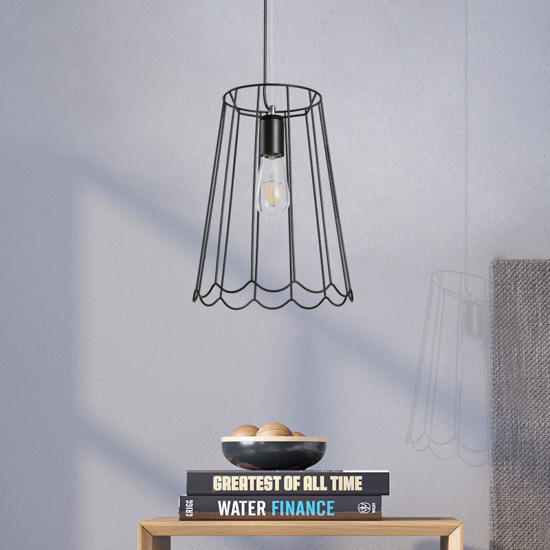Conical Cage Pendant Light with Ruffled Edge – Industrial Black Metallic - 10.5"/12.5" Width