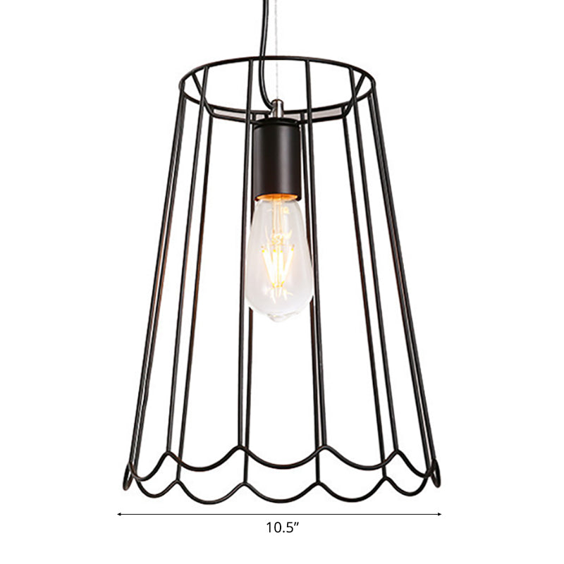 Industrial Black Metallic Pendant Light With Ruffled Edge - 1 Conical Cage 10.5/12.5 Width