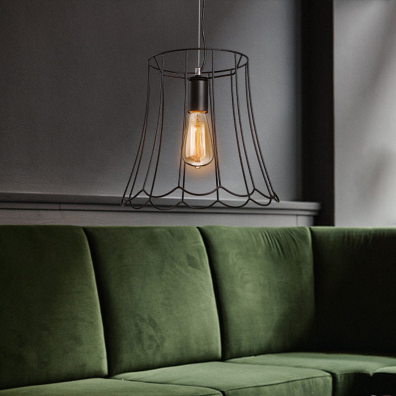 Conical Cage Pendant Light with Ruffled Edge – Industrial Black Metallic - 10.5"/12.5" Width