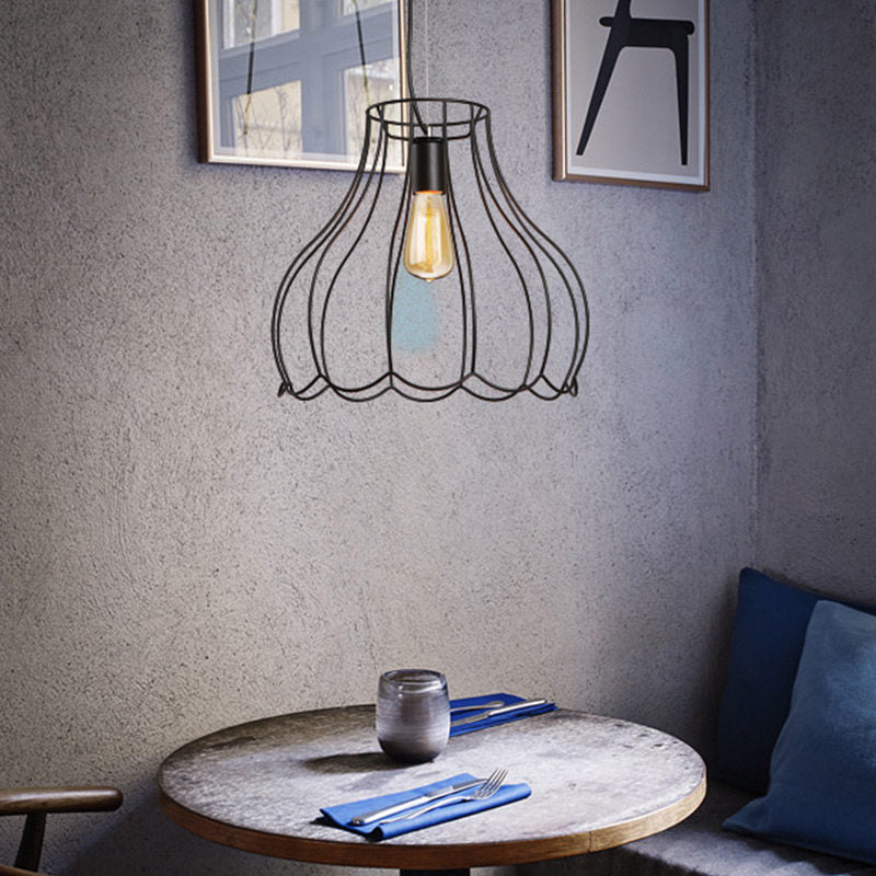 Industrial Black Metallic Pendant Light With Ruffled Edge - 1 Conical Cage 10.5/12.5 Width / 16