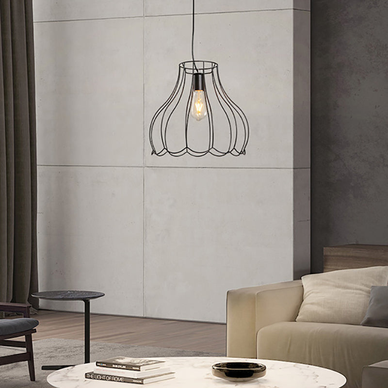 Conical Cage Pendant Light with Ruffled Edge – Industrial Black Metallic - 10.5"/12.5" Width