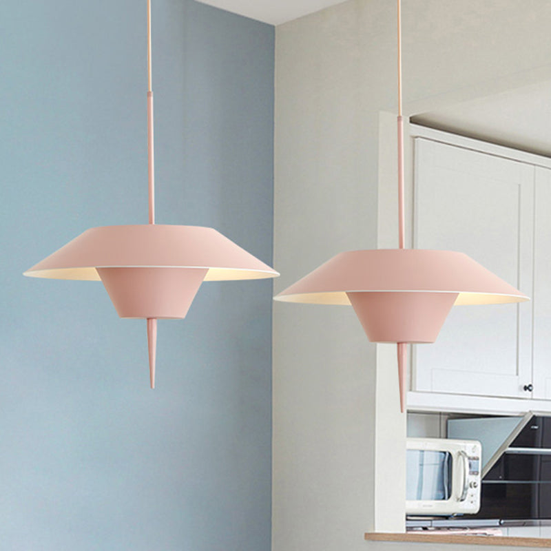 Modern Cone Hanging Ceiling Light in Grey, White & Pink - 1 Light Metal Drop Pendant with Inverted Conical Insert - Available in 12"/16" Width