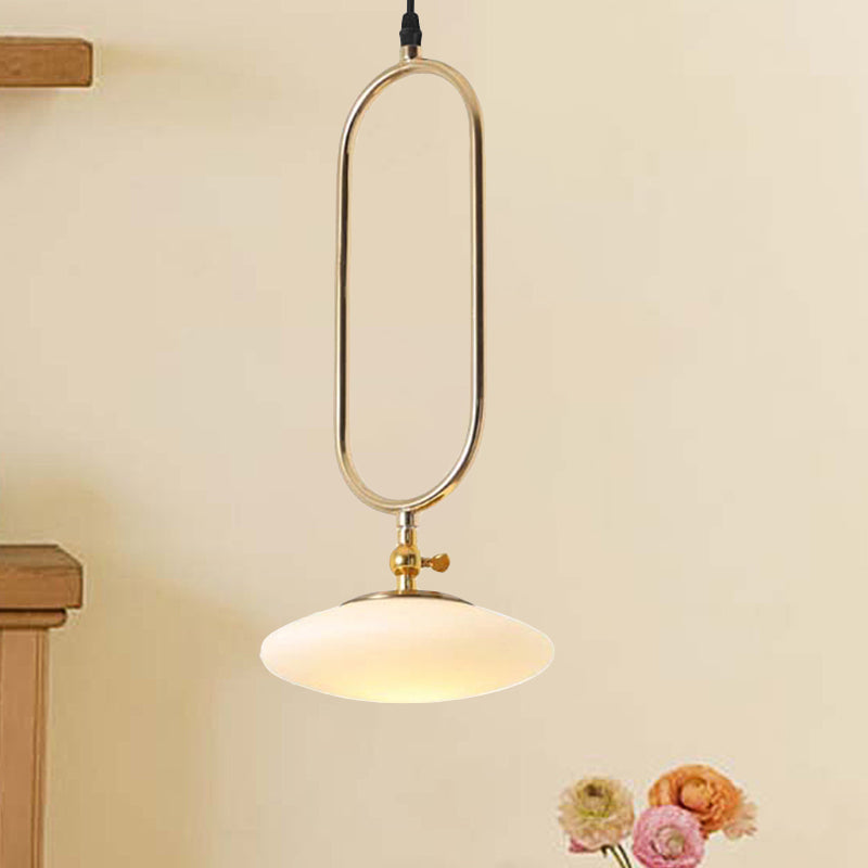 Contemporary Fly Saucer Pendant Lamp in Gold Finish - Milk Glass, 1 Light, Bedside Ceiling Light