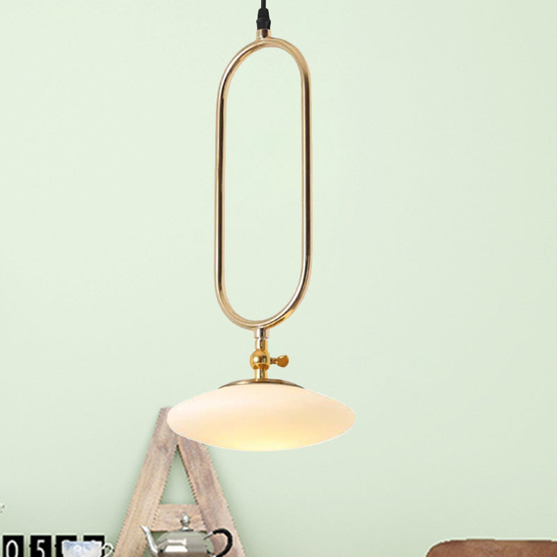 Contemporary Milk Glass Pendant Lamp In Gold Finish With Fly Saucer Design