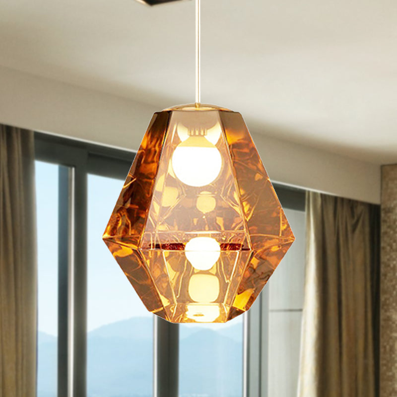 Diamond Pendant Glass Ceiling Light with Clear/Amber Shade – Modern Post-Modern Design, 1-Light