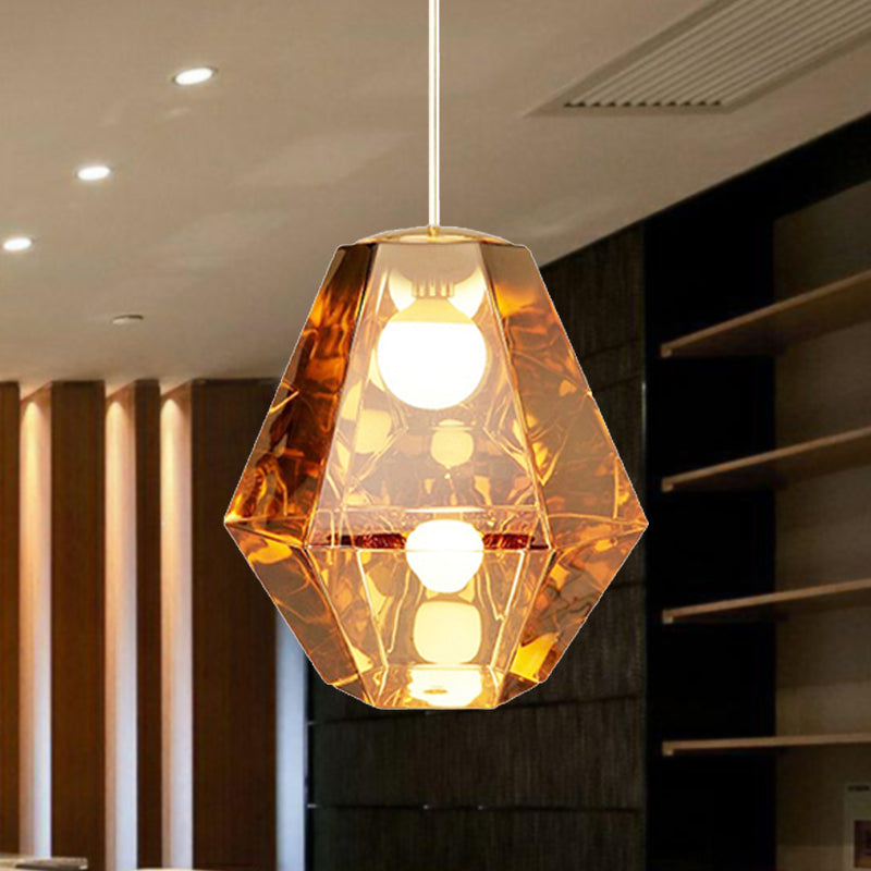 Diamond Pendant Lighting: Post-Modern Glass Ceiling Light With Linear/Stout Shade - Clear/Amber
