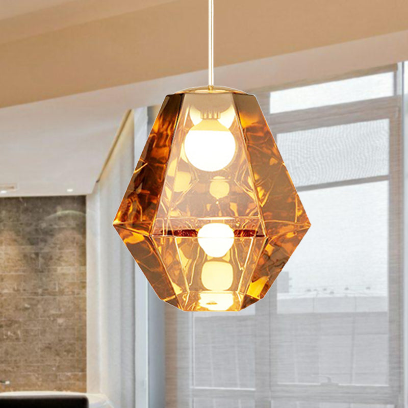 Diamond Pendant Glass Ceiling Light with Clear/Amber Shade – Modern Post-Modern Design, 1-Light