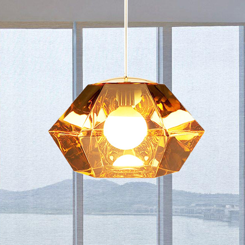 Diamond Pendant Lighting: Post-Modern Glass Ceiling Light With Linear/Stout Shade - Clear/Amber